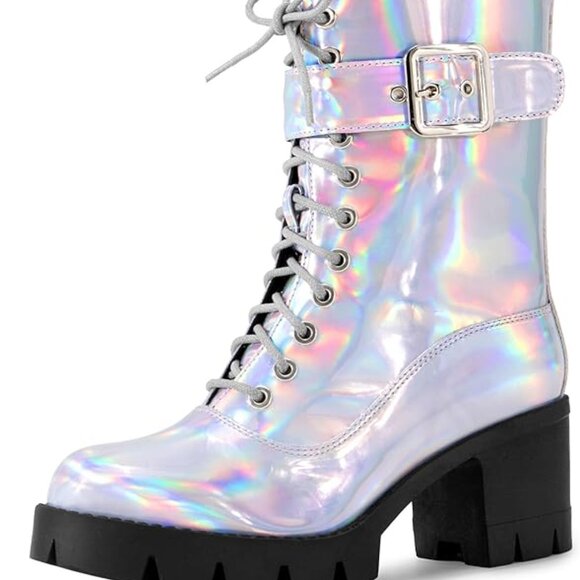 Lace Up Round Toe Chunky Heel Combat Platform Boots - Picture 7 of 10